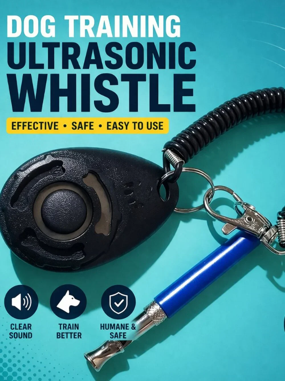 Ultrasonic Blue Dog Whistle AND Black Dog Training Clicker